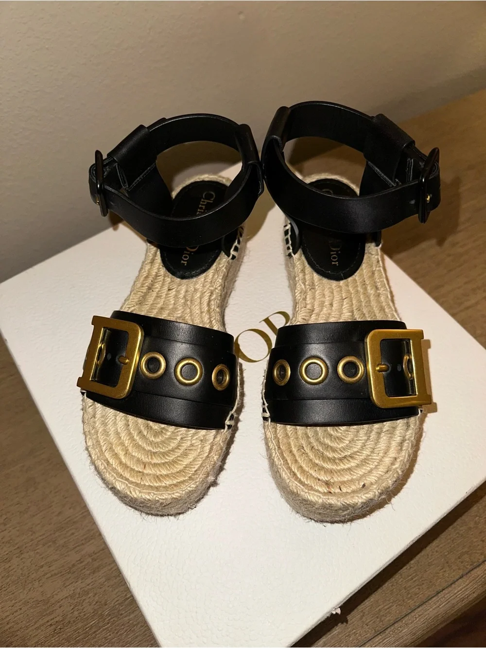 D-Dior Black Calfskin Espadrille Platform Sandals
